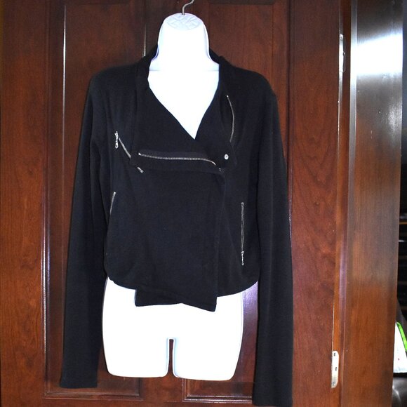 Hi Line Black Cotton Moto Biker Jacket Size Large Asymmetrical Zip - Picture 6 of 16